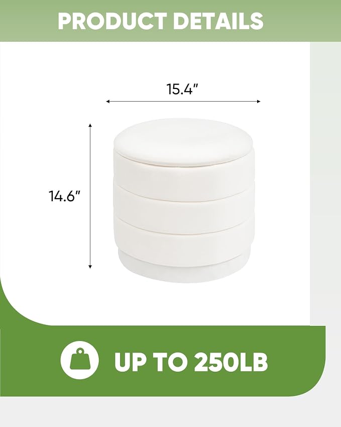 B FSOBEIIALEO Round Velvet Storage Ottoman with Tray, Folding Ottoman with Storage Coffee Table Foot Rest for Dorm Room, Living Room White, 15.35"x15.35"x14.57"