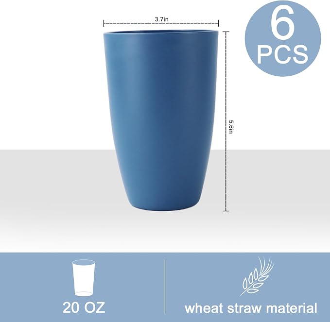 PYRMONT Wheat Straw Cups 20 Oz Alternative Plastic Cups Set of 6 Unbreakable Big Cups for Kitchen Dishwasher & Microwave Safe Large Water Cups for Coffee,Smoothie,Lemonade-Blue