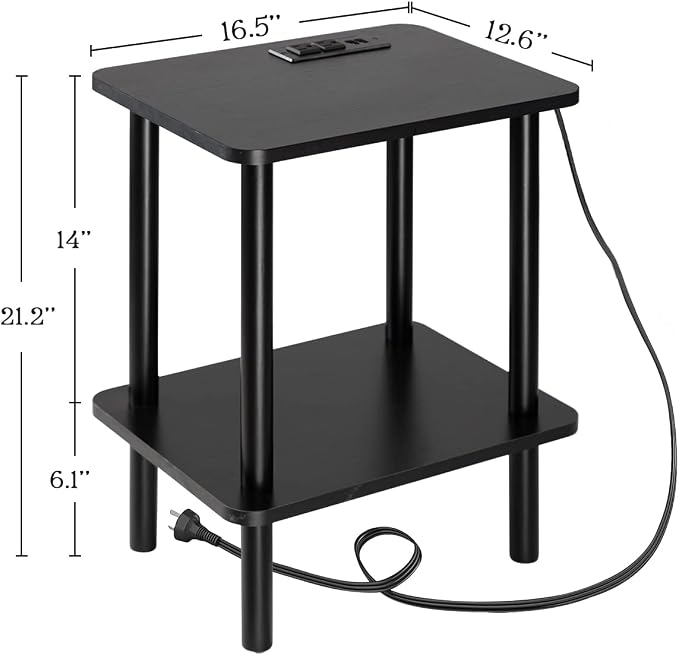 FORAOFUR End Table with Charge Station, Black Small Side Table with USB Ports and Outlets, Narrow Side Table for Living Room, Bedroom and Office, Small Nightstand with Charging Station