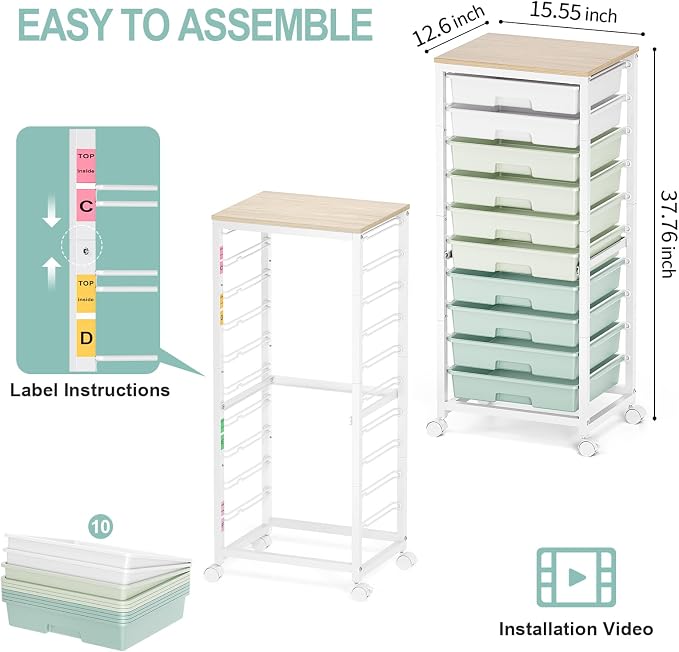 SYKIARIOL Rolling Cart with Drawers,10 Drawer Rolling Cart,Storage Cart,Utility Cart,Teacher Cart for Classroom Storage,Craft Cart with Wheels and Wooden Tabletop,Green