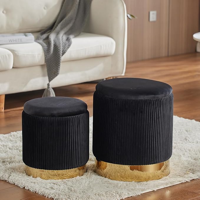 Round Ottoman with Storage Set of 2 Upholstered Velvet Vanity Stool for Living Room Storage Ottomans Multifunctional Foot Rest (Black with Bottom Gold)