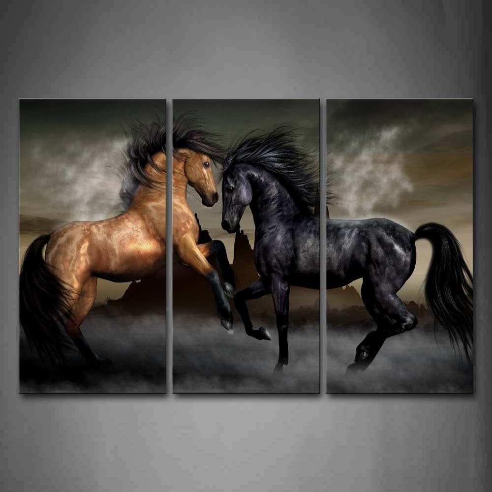 First Wall Art - Yellow and Black Horse Play Together Wall Art Painting The Picture Print On Canvas Animal Pictures for Home Decor Decoration Gift