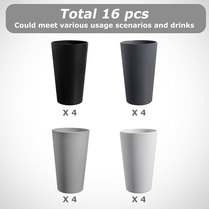 HEYCOME Set of 16 Wheat Straw Cups, 16 Pcs 20 oz Unbreakable Drinking Cups, Reusable Plastic Cups Sets, Water Glasses Tumblers, Microwave & Dishwasher Safe, Bpa Free, 4 Colors