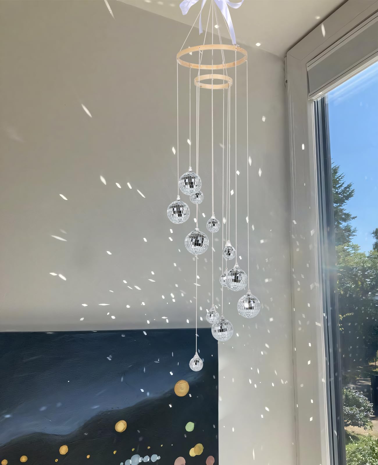 AceList Hanging Disco Ball Decor Spiral Spinner 35 Inch Handmade Double-Spiral Design with 12 Disco Balls for Window Home Classroom Birthday Decoration, Indoor Use