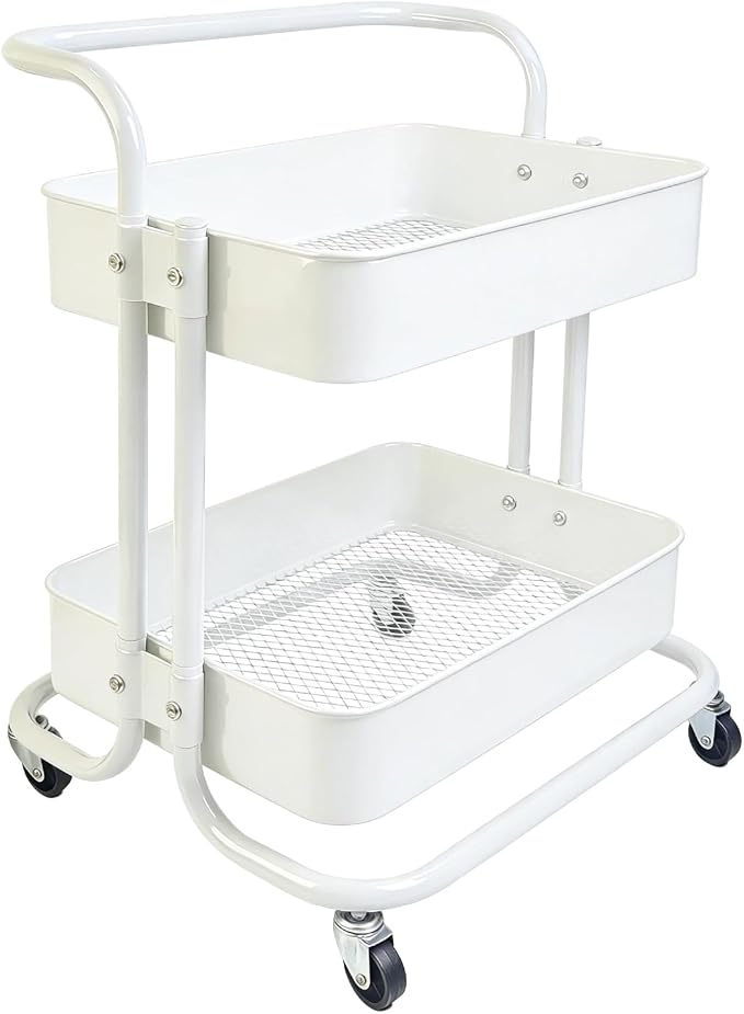 2 Tier Cart with Wheels Under Desk Storage with Handle, Metal Rolling Pantry Cart for Kitchen White Small Rolling Basket for Laundry Room Bathroom, Utility Shelf Organizer for Small Space