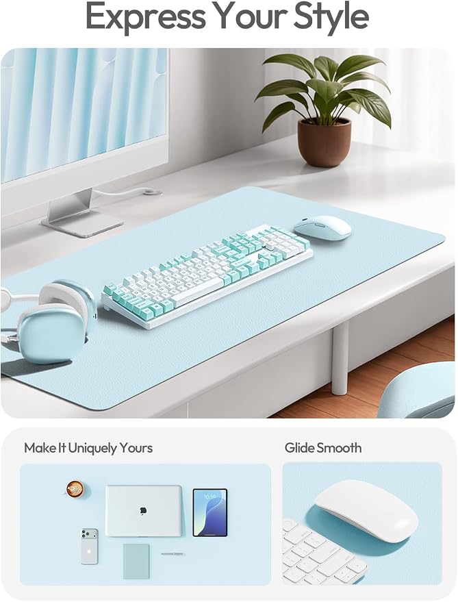 YSAGi Leather Desk Protector, Office Mat, Large Mouse Mat, Non-Slip PU Leather Blotter, Laptop Pad, Waterproof Writing Pad for Office and Home (Baby Blue, 35.4" x 17")