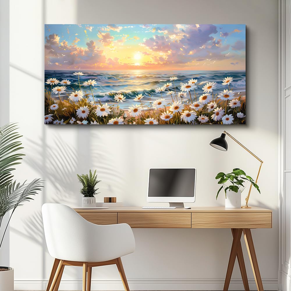 PHAOHUAXM Large Wall Decor Canvas Painting Wall Art For Living Room Decor A Landscape Of A Sea Of White Flowers Painting Bedroom Print Artwork Picture For Dining Room Home Decor Aesthetics 24x48 In