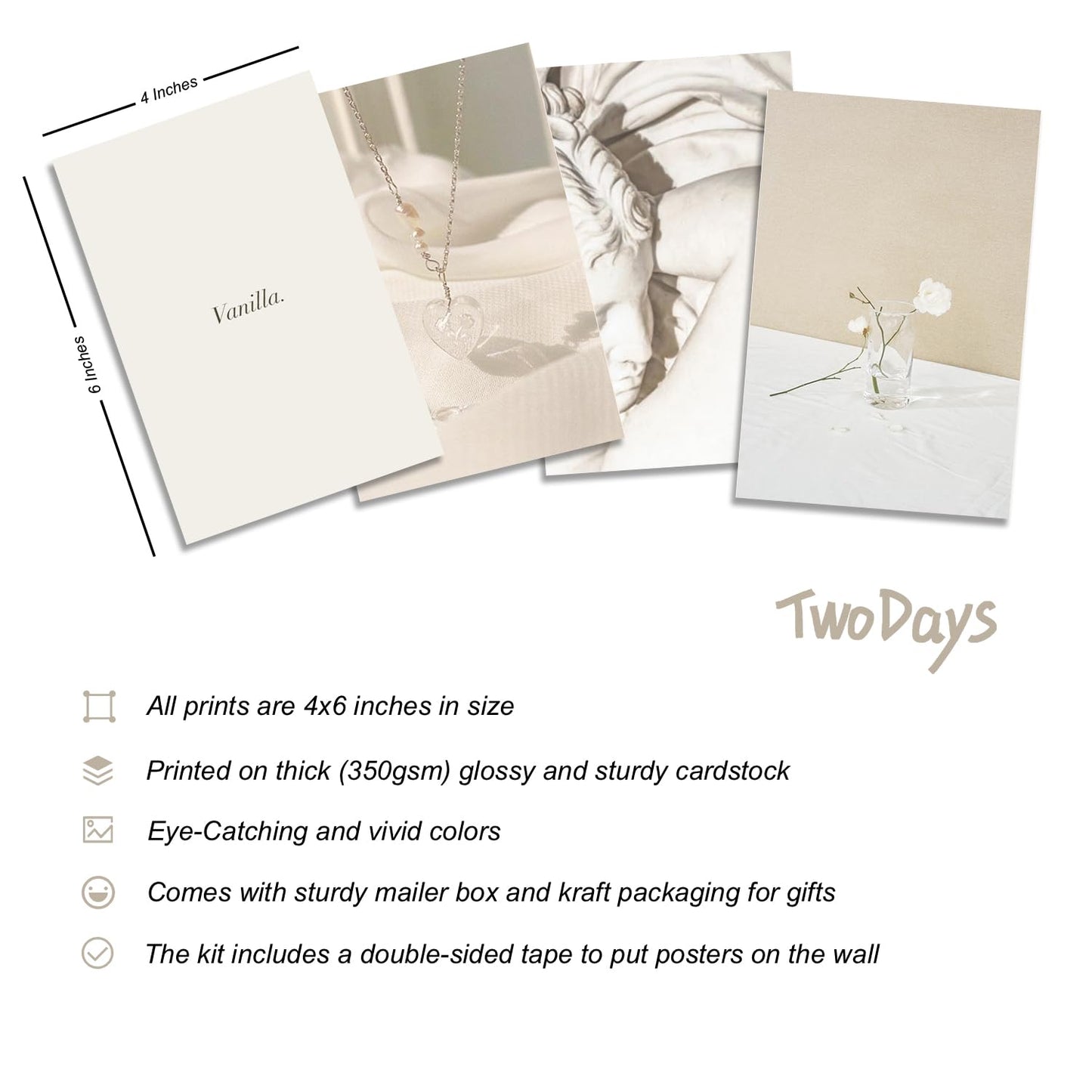 TwoDays Vanilla Girl Aesthetic Room Decor, Clean Girl Aesthetic Wall Collage Kit Pictures for Dorm, Neutral Posters, Cream Wall Art Prints for Bedroom.(Set of 50, 4" × 6")
