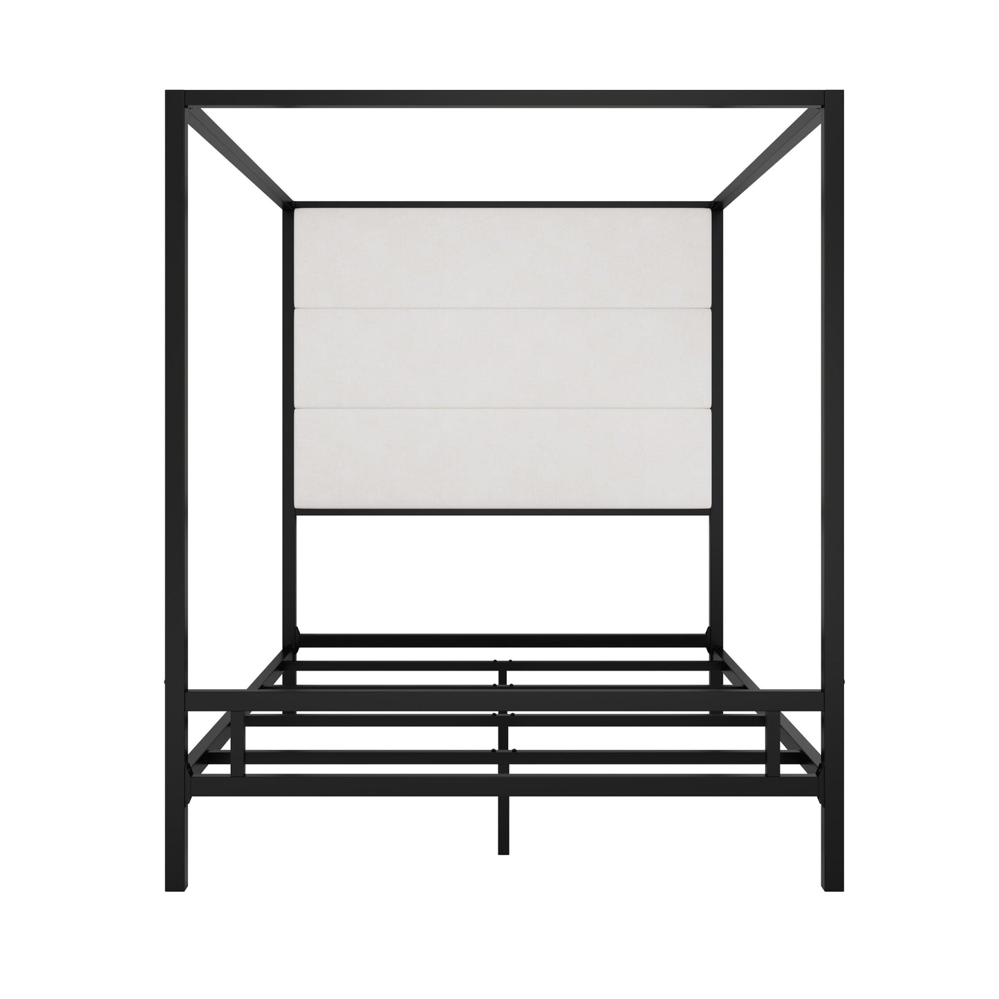 Merax Queen Size Metal Canopy Bed Frame, Modern Tall Upholstered Velvet Headboard, Black 4-Poster Bed with 800 lbs Capacity, Box Spring Required Easy Assembly for Bedroom, Black+White