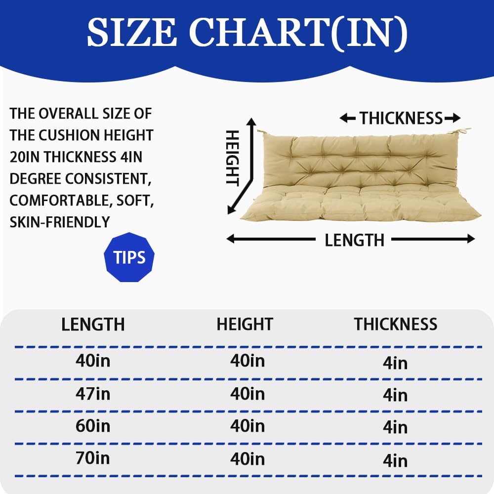 VKETU Porch Swing Cushions, Three Seat Swing Replacement Cushions Outdoor Bench Cushion with Ties Backrest Folding Waterproof Bench Cushion for Outdoor Patio Cushion (Beige, 60 x 40 in)