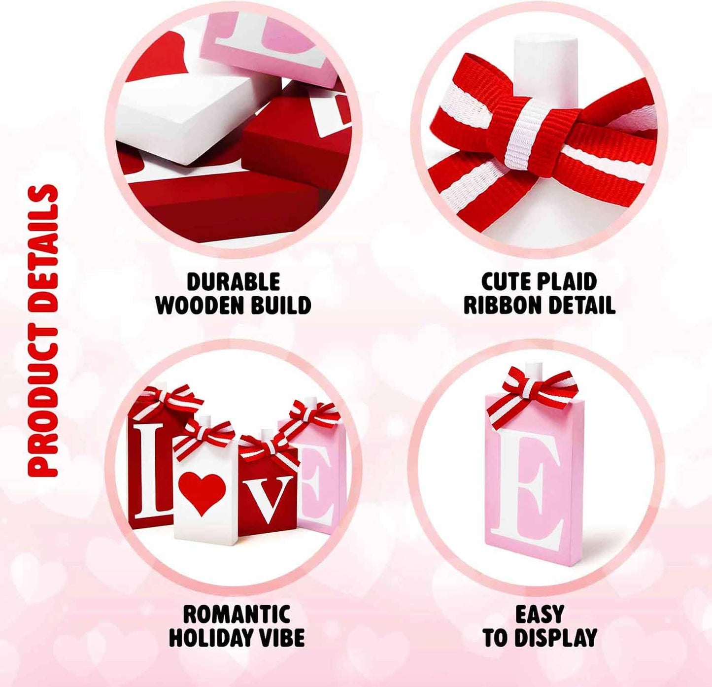 Gift Boutique Valentine's Day Love Heart Block Signs Set of 4 Red Pink White Rustic Wooden Table Tiered Tray Decor Home Wedding Party Decoration Gifts