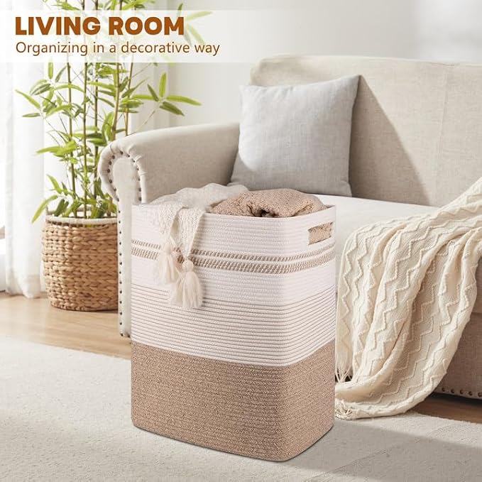 80L Large Cotton Rope Laundry Basket for Bedroom & Laundry Room, Tall Clothes Hamper with Sturdy Handles, Neutral Storage Bin Capable of Holding Blankets and Toys