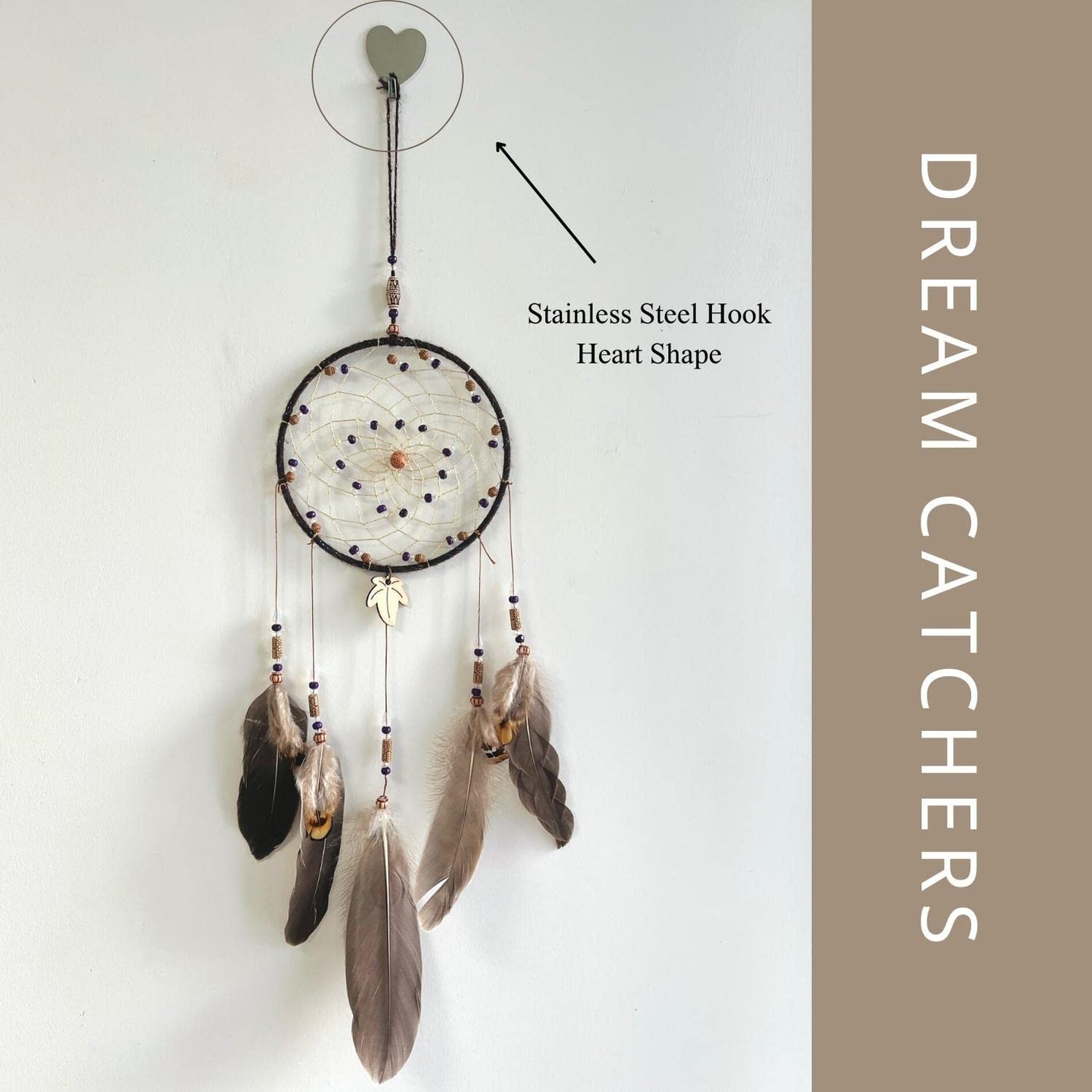 SMANSNAY Dream Catchers Wall Decor, Pure Hand-Woven Dream Catcher Brown Feather Dream Catchers for Boys Girls Bedroom Decoration, Wedding Blessing Gift 25.6" Length (Brown)