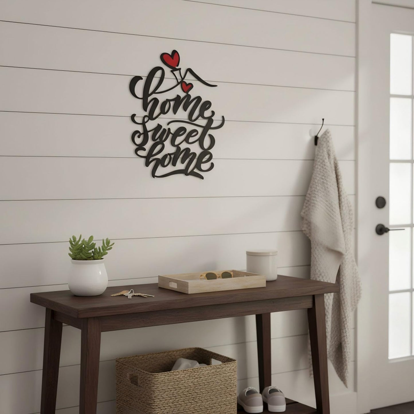 AIM & GGKK Home Sweet Home Wall Art, Metal Calligraphy Sign with Red Heart Accent - Rustic Farmhouse Wall Decor for Living Room, Entryway, Kitchen | 14.8" x 12.2" Black Metal | Easy Hang | Housewarming Gifts for New Homeowners