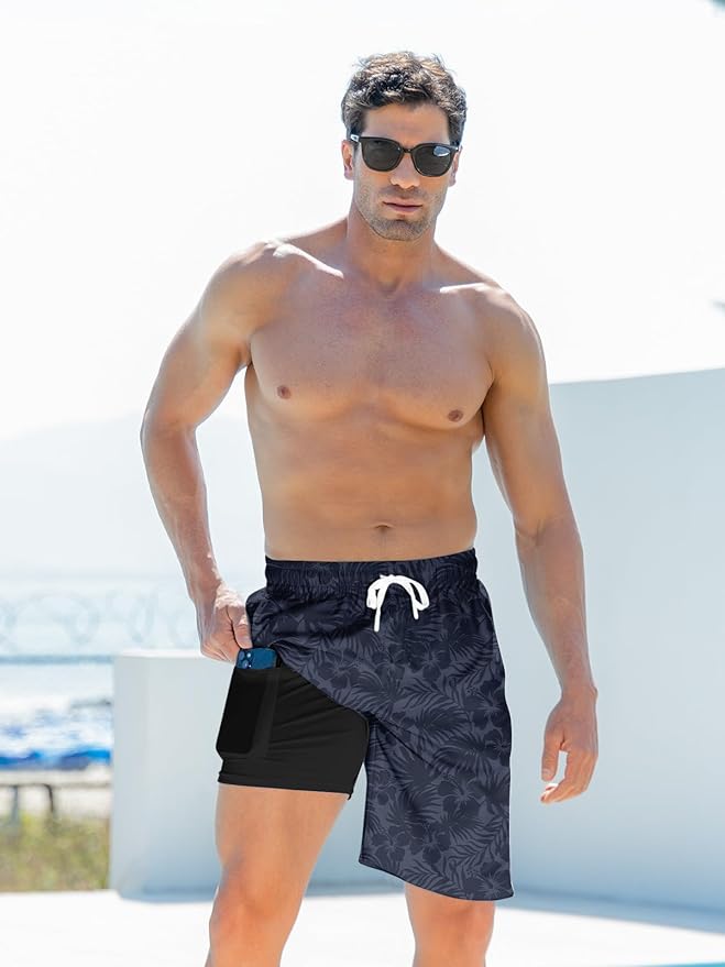 Goodstoworld Mens Swim Trunks with Compression Liner 9'' Inseam Quick Dry Swimsuit Shorts M-3XL