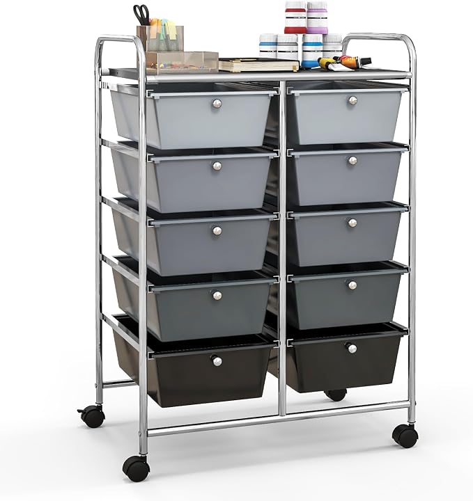 Giantex 10 Drawers Rolling Cart, Classroom Organizers, Storage Cart with Wheels, for Teacher Office Home School Supplies Tool Craft Art Paper, Black Gradient