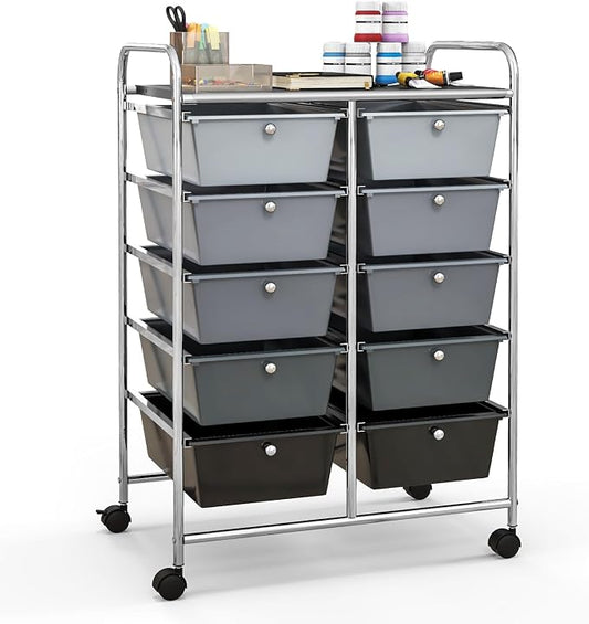 Giantex 10 Drawers Rolling Cart, Classroom Organizers, Storage Cart with Wheels, for Teacher Office Home School Supplies Tool Craft Art Paper, Black Gradient