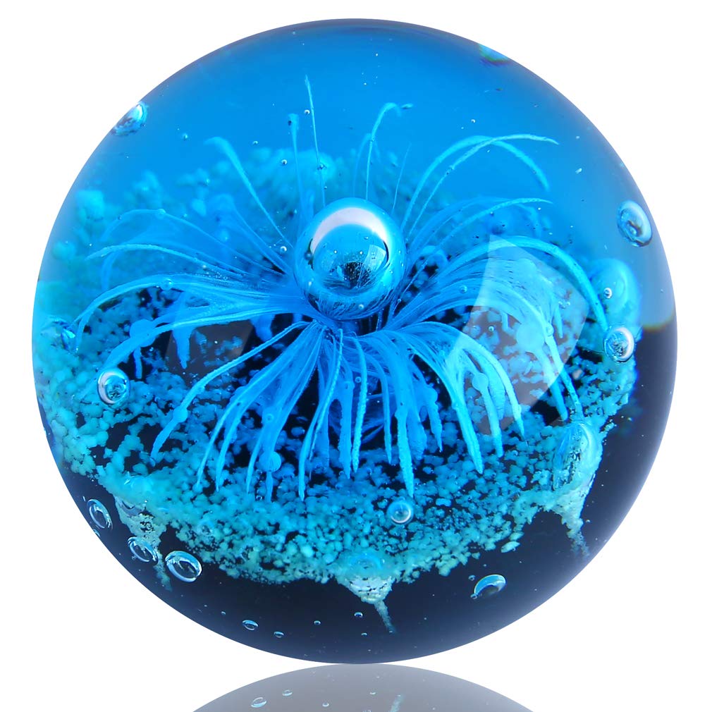 EUSTUMA Blue Hand Blown Glass Anemones Sculpture, 3.15x3.15x3.15 inches, 1.52 lbs, Paperweight, Fish Tank Ornament, Figurine Gift Box, Home Decoration