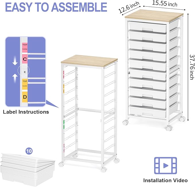 SYKIARIOL Rolling Cart with Drawers,10 Drawer Rolling Cart,Storage Cart with Wheels,Utility Cart with Drawers,Teacher Cart for Classroom Storage,Craft Cart with Wheels and Wooden Tabletop,White