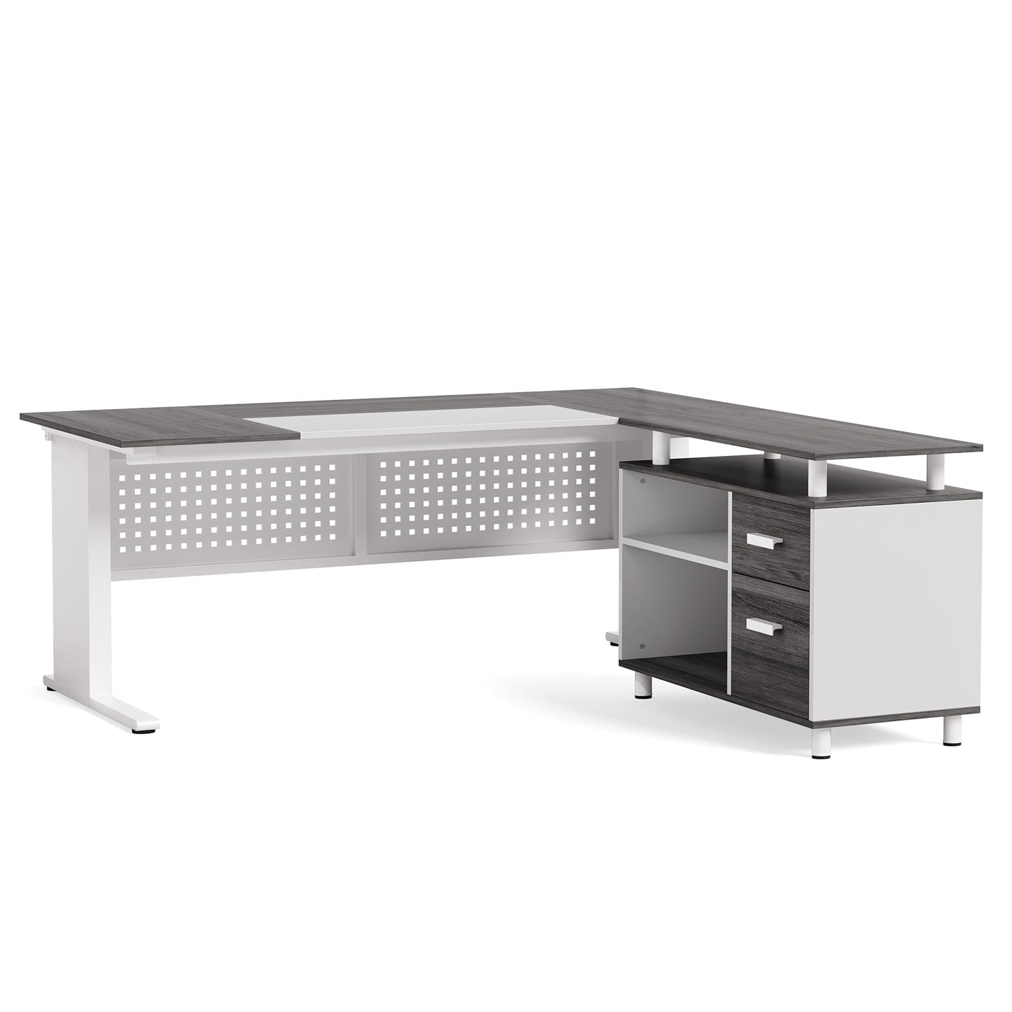 LITTLE TREE Large Computer Desk with File Cabinet, 63-Inch Executive Desk L Shaped Office Desk with Drawers and Storage Shelves, Business Furniture Desk Workstation for Home Office (Grey + White)
