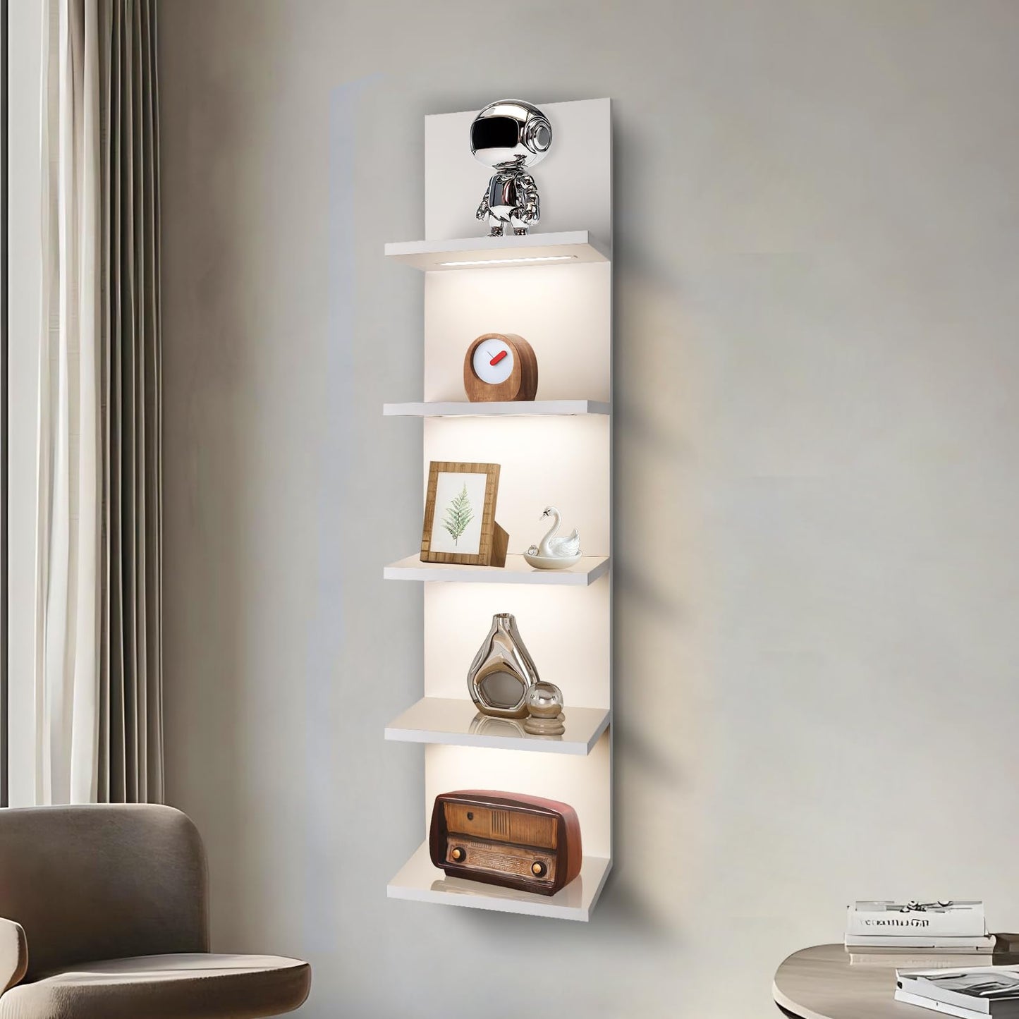 AskTag 5 Tier Wall Shelf Unit, White Shelves,Lack Shelf, Wall Shelves for Bedroom，Office,Bathroom, Vanity Shelves with LED Light