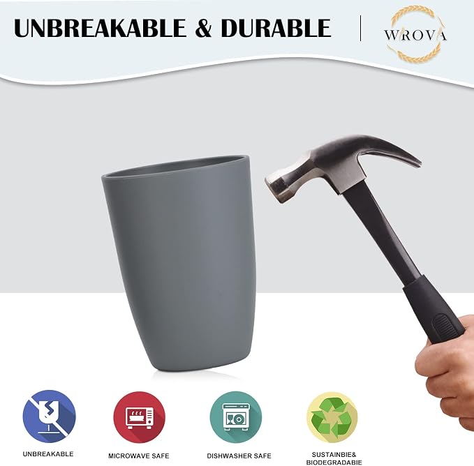Wrova Wheat Straw Cups 8 PCS Good Alternative to Plastic Reusable Cups 20 oz Unbreakable Drinking Cup Reusable Dishwasher Safe Water Plastic Glasses Gray