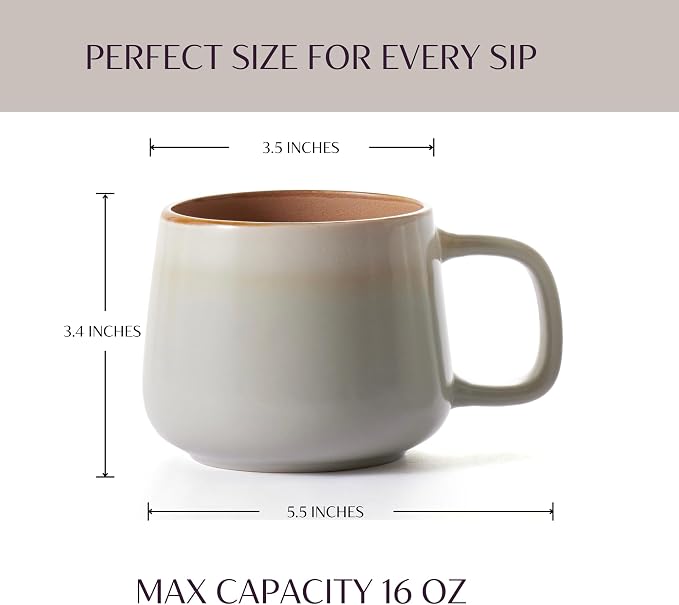 Ava Nord Large Ceramic Coffee Mugs Set of 4 | 16 oz Stoneware Coffee Cups | Lead-Free, Non-Toxic | Microwave and Dishwasher Safe | Comfortable Handle | Nordic Design for Tea, Cocoa, Latte | Sage Ash