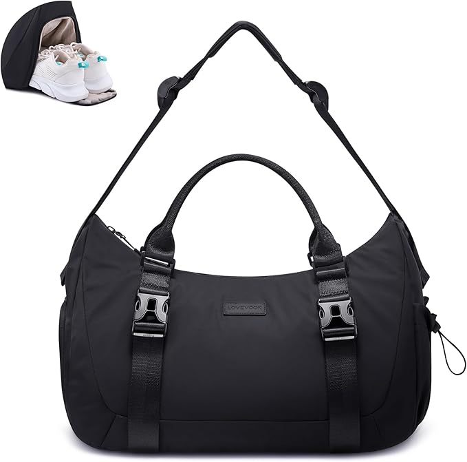 LOVEVOOK Gym Bag for Women & Men, duffle bag for travel with shoe compartment, Small Gym Tote Dry Wet Separation, Multipurpose Weekender Overnight Backpack, Lightweight Carry On Bag, Black