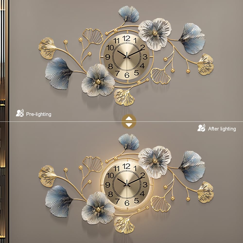 LJSCLDF Large Metal Wall Clocks with Led Light,Silent Creative Decorative Clock,3D Ginkgo Leaf Wall Clocks for Living Room Bedroom Kitchen Office Decor (33.6 X 20 inch)