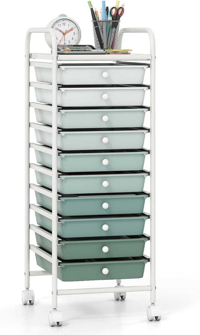 Giantex 10-Drawer Rolling Storage Cart w/Wheels, Handle, Removable Drawers, Mobile Organizer Storage Unit, Trolley Utility Cart for Home Kitchen Living Room Office Play Room, Green Gradient