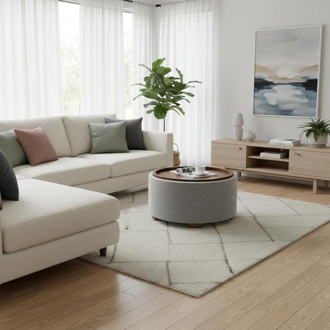 Zihanhome 30 Inch Round Storage Ottoman Coffee Table, Modern Boucle Ottoman with Lift-Off Lid and Solid Wood Legs for Living Room, Bedroom, Corners, Apartments (Light Grey)