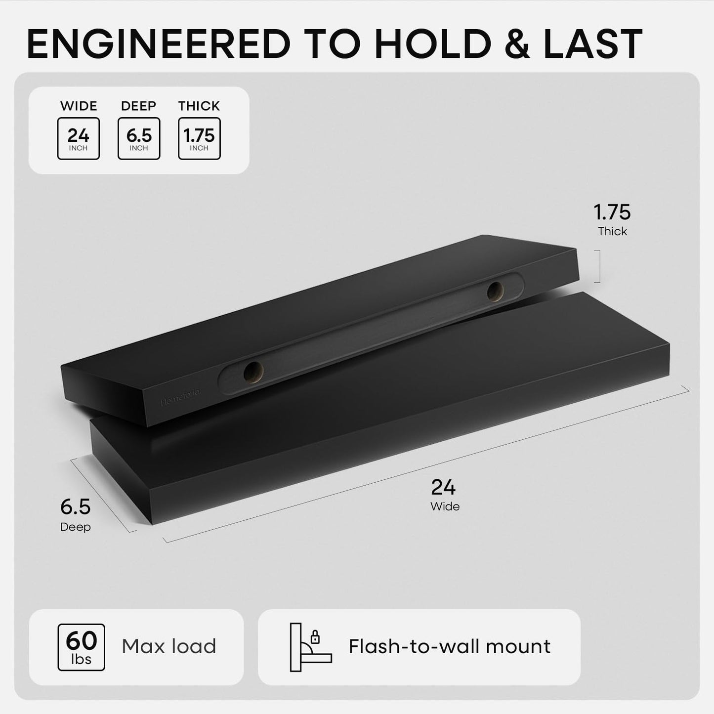 Homeforia Black Floating Shelves 24 inch, High End Solid Real Wood 24inch Bathroom Floating Shelf for Wall Mounted, Black Wooden 24in Floating Shelves, Heavy Duty Bracket, 24 X 6.5 X 1.75 in, Set of 2