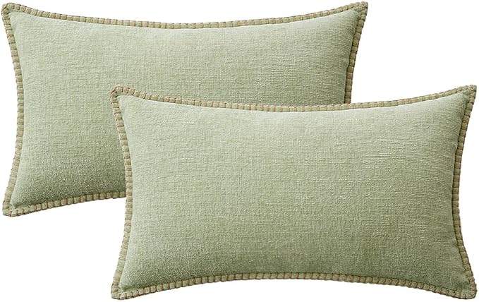 MIULEE Pack of 2 Lumbar Summer Throw Pillow Covers 12x20 Inch Light Green Farmhouse Decorative Pillow Covers with Stitched Edge Soft Chenille Solid Dyed Pillow Covers for Couch Sofa Bed Living Room