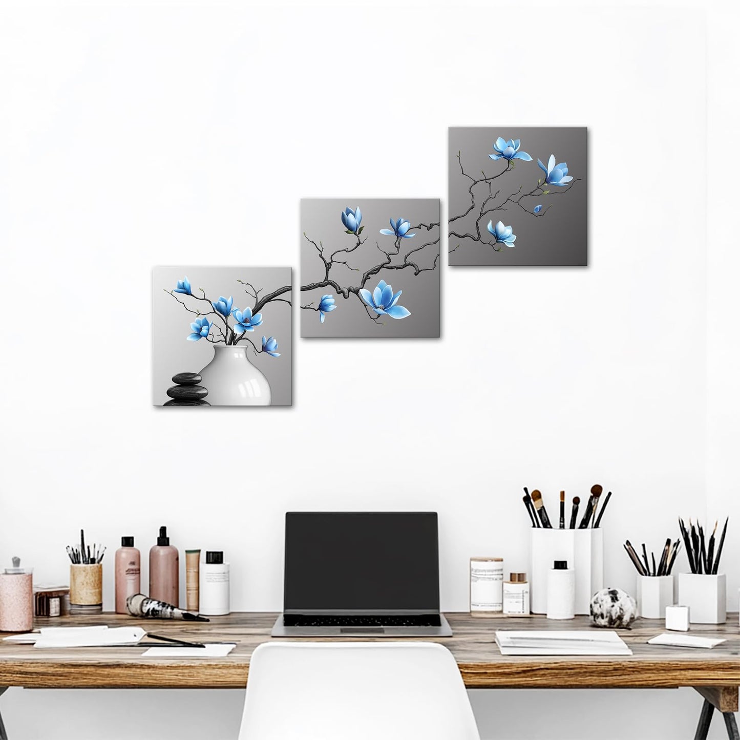 Artsbay Magnolia Wall Art Blue Floral Canvas Prints Zen Stones Picture for Bathroom Bedroom Living Room 12" W x 12" H x 3PCS