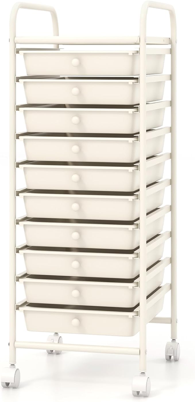 Giantex 10-Drawer Storage Cart w/Universal Wheel, Rolling Cart w/Handle, Home Organizer Storage Unit w/Removable Drawers, Trolley Utility Cart for Kitchen Makeup Living Room Office Play Room, Ivory
