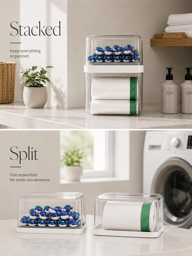 Trash Bag Dispenser & Dishwasher Pods Organizer, Clear Acrylic Garbage Bag Holder Under Sink Organizer With Removable Lid, Laundry Pods Container for Kitchen Pantry Laundry Room (3IN1 Dispenser)