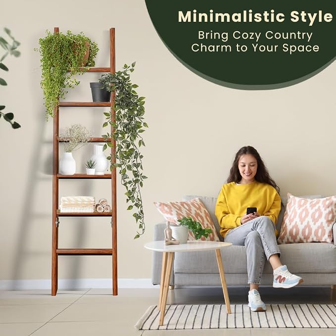 Decorative Wooden Blanket Ladder with Removable Hooks for The Living Room & Bedroom, Pine Wood, Easy Assembly 6-Tier Wall Leaning Rack Stand 68 inch for Displaying Blankets & Scarves, Brown
