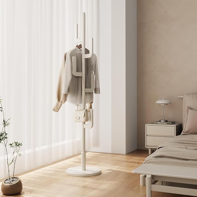 Muwuele Solid Wood Cactus Coat Rack, Freestanding Coat Rack With 6 L-Shaped Hooks and 3 Adjustable Sizes, Coat Tree for Bedroom, Entryway, Livingroom, Coat Hanger Stand for Coats, Handbags (White)