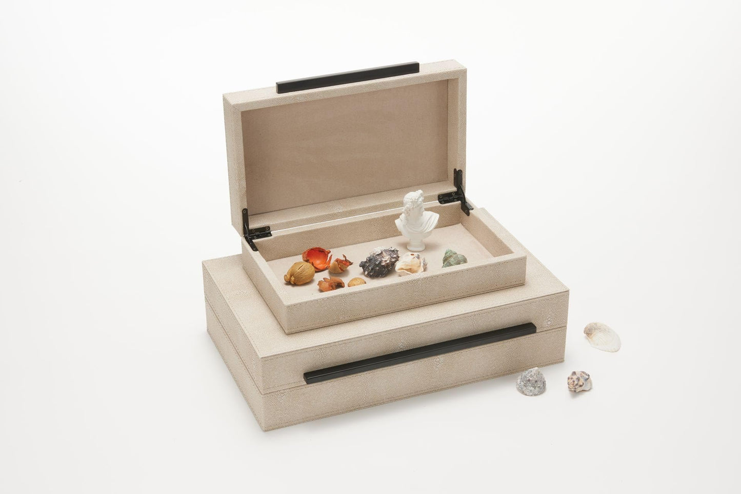 Sagala Set of 2 Ivory Shagreen Decorative Boxes With Black Metal Handles, Faux Leather Jewelry Boxes Modern Storage Boxes Photo Boxes Memory Boxes Home Organizer Box(Ivory)