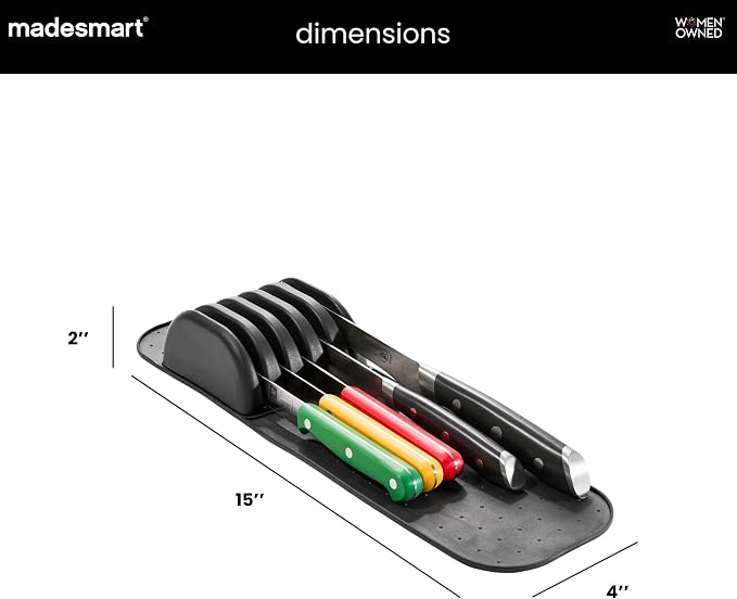 madesmart Knife Mat, Compact Soft-Grip Slot Organizer for 5 Knives, Non-Slip Drawer Insert Protects Blades and Maximizes Space, Carbon