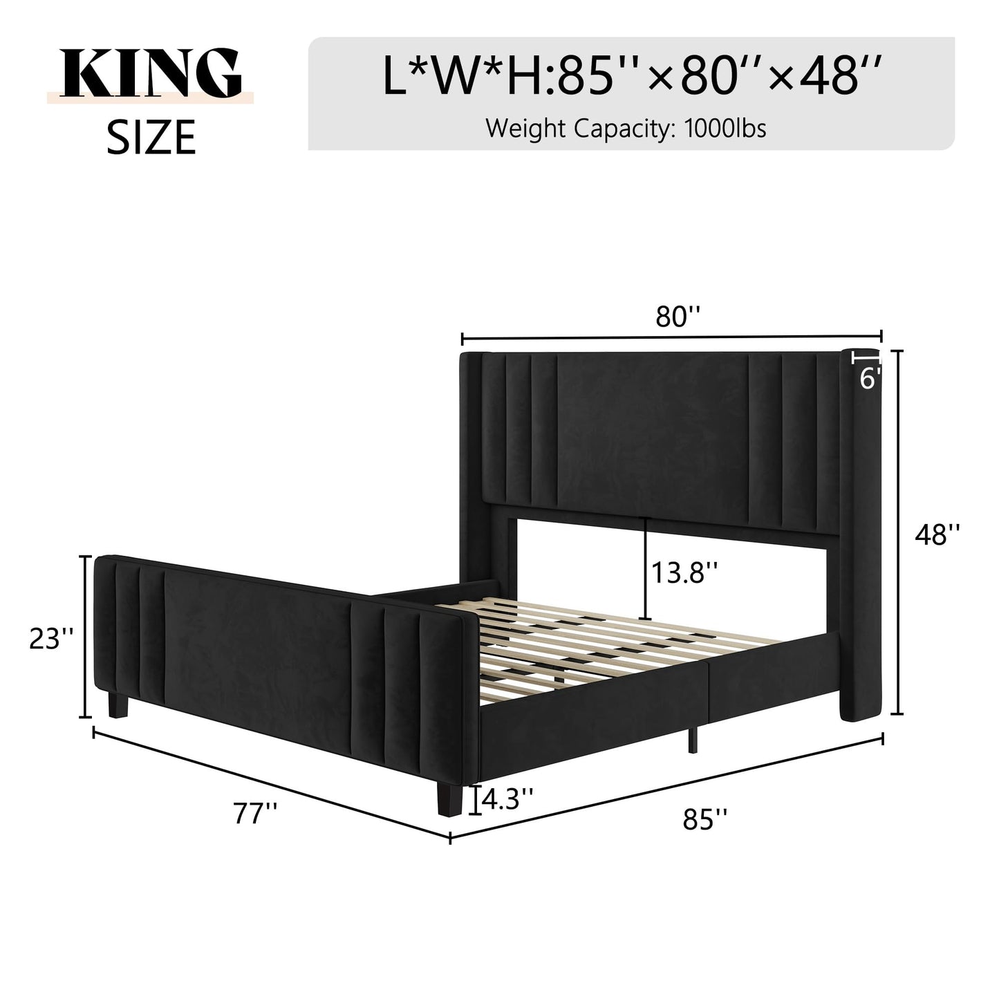 AMERLIFE King Size Bed Frame, Velvet Upholstered Platform Bed with Vertical Channel Tufted Headboard & Footboard/Wingback, Mattress Foundation with Wood Slats, No Box Spring Needed, Black