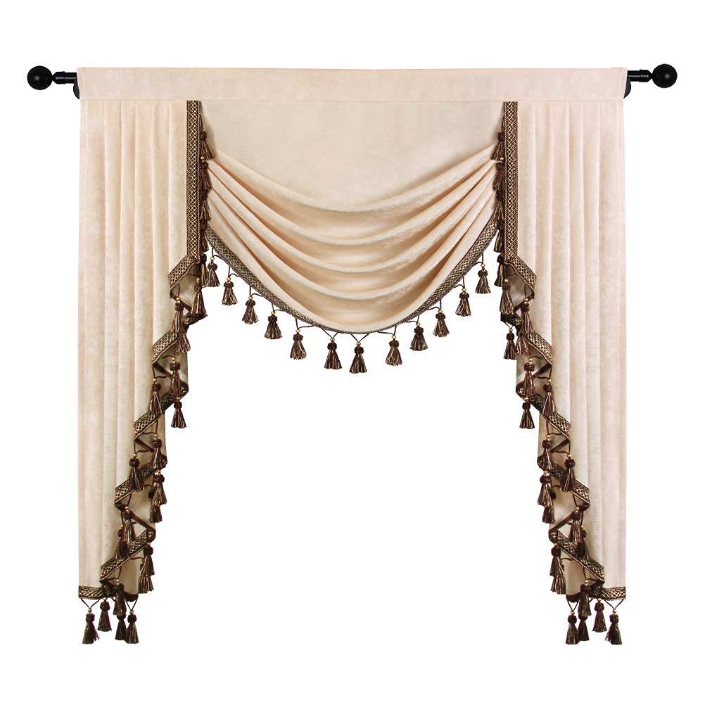 ELKCA Beige Chenille Window Curtains Valance for Living Room Waterfall Valance for Bedroom,Rod Pocket (W39 Inch, 1 Panel)