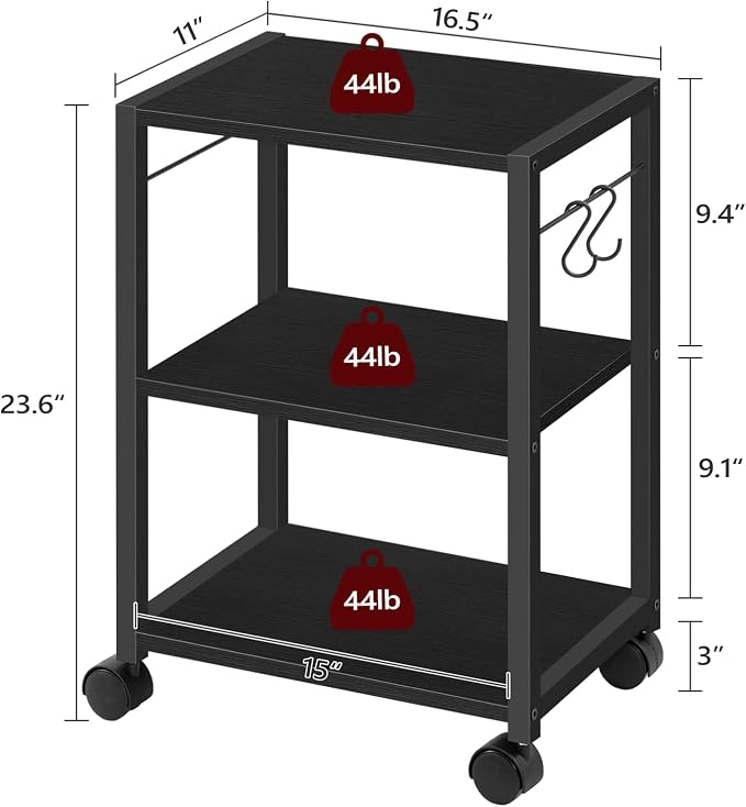 MAHANCRIS Printer Stand, 3-Tier Under Desk Rolling Cart with Storage Shelf, Heavy Duty Printer Table with Wheels for Home Office, Printer Shelf with 2 Hooks, for Small Spaces, Black PTHB4001V