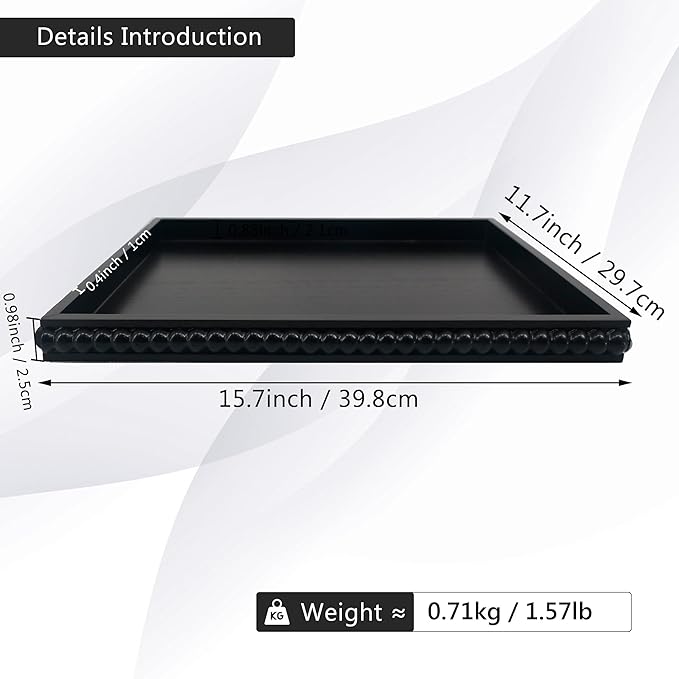 FramePro Decorative Tray 12x16 Rectangular Wood Beaded - Black Serving Tray for Living Room, Coffee Table, Kitchen or Farmhouse Display