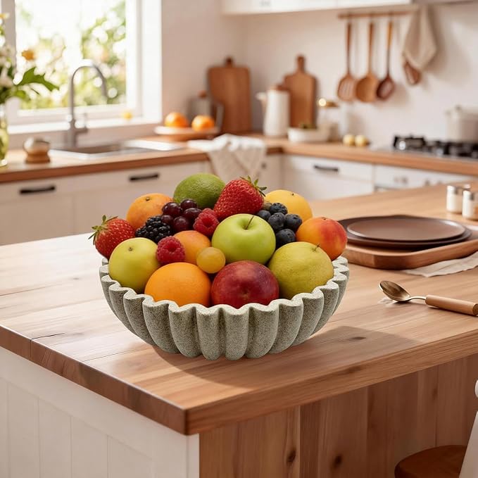 Large Modern Ruffle Bowls,Sandstone Decorative Catch All Bowl for Kitchen Counter and Entryway Table, Handcrafted Fruit Bowls and Key Bowl for Home Decor