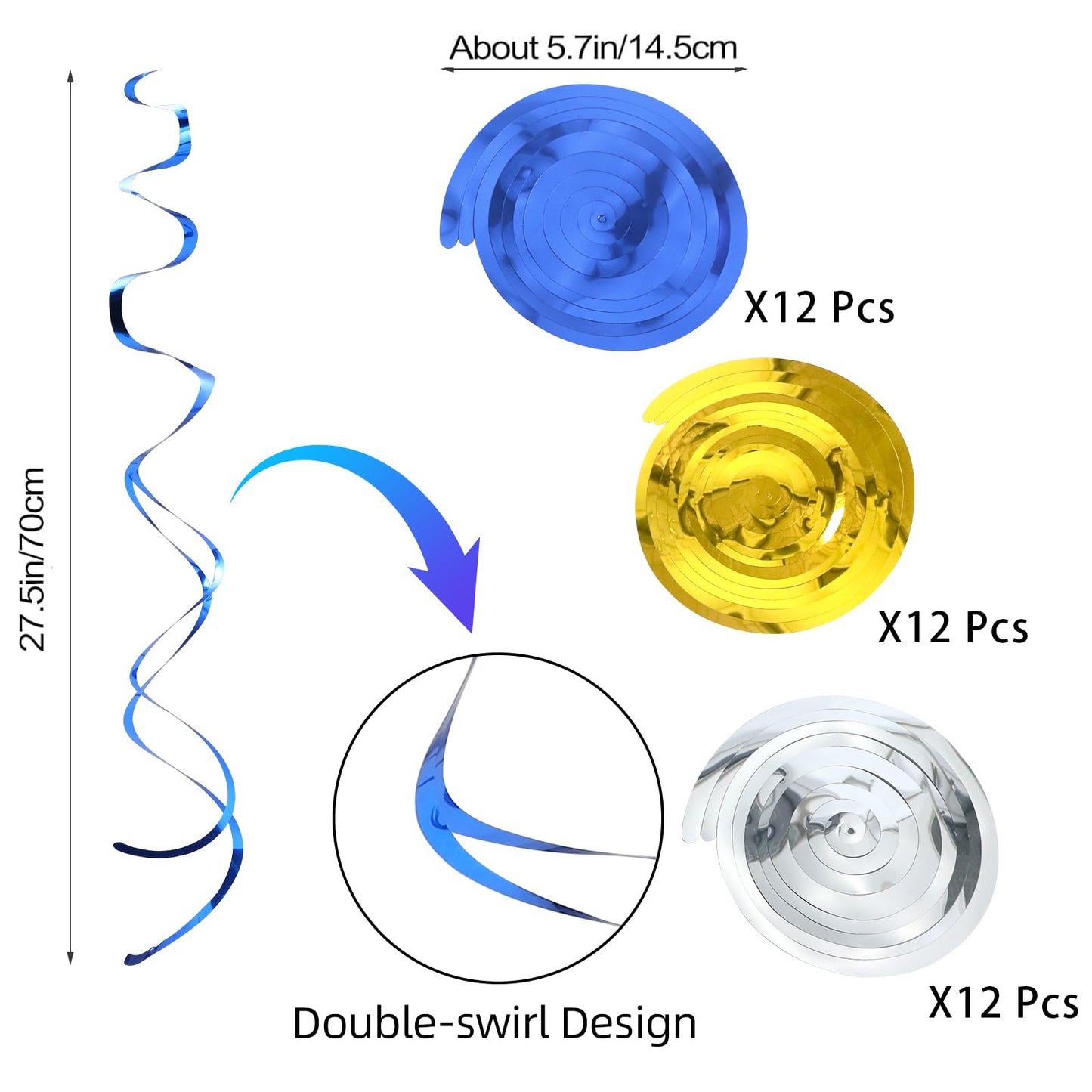 36Pcs Hanging Swirl Party Decorations Foil Decorations Ceiling Swirl Spiral Hanging Plastic Streamer for Ceiling Birthday Graduation Wedding Celebration Baby Shower Party Supply (Blue Gold Silver)