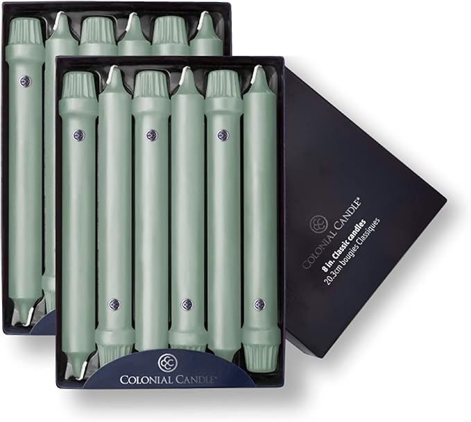 Colonial Candle Unscented Taper Candle, Classic Collection, Colonial Classic Green, 8 in, Pack of 12 - Up to 6 Hours Burn