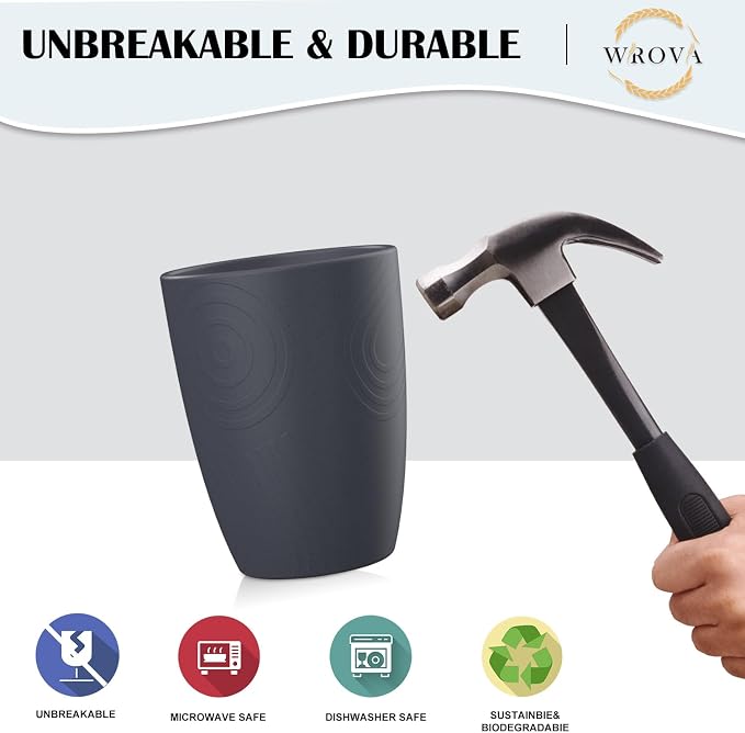 Wrova Wheat Straw Cups 8 PCS Good Alternative to Plastic Reusable Cups 12 oz Unbreakable Drinking Cup Reusable Dishwasher Safe Water Plastic Glasses Deep Grey