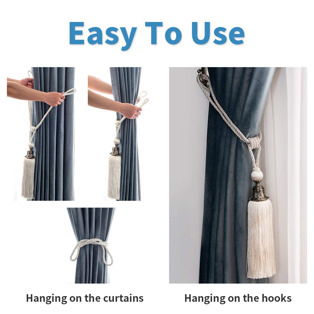 Melodieux Decorative Curtain Tiebacks Antique Tassels Holdbacks, Home Office Windows Drapery Fasteners Fringe Ropes, Set of 2 (White)