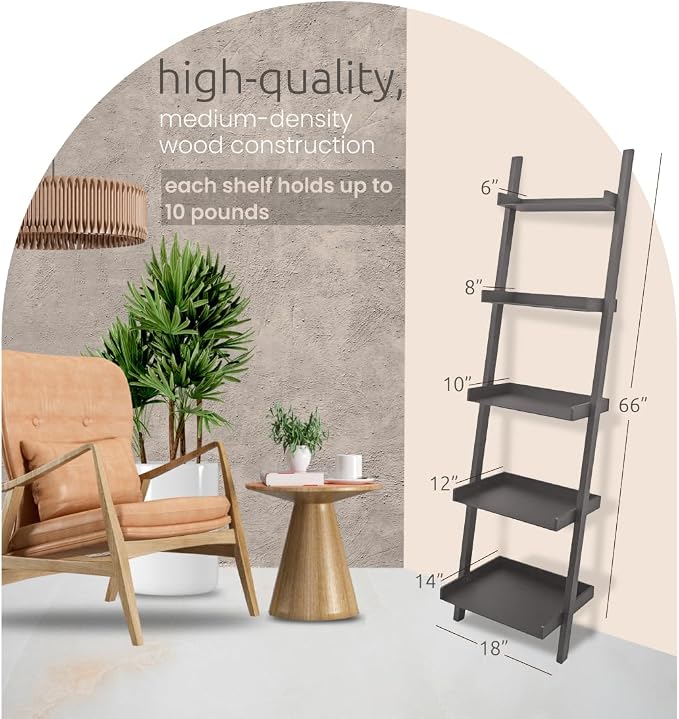 Kiera Grace Providence Hadfield 5 Tier Ladder Shelf, Leaning Bookshelf Storage Rack for Home, Office, 18" x 67", Medium Grey